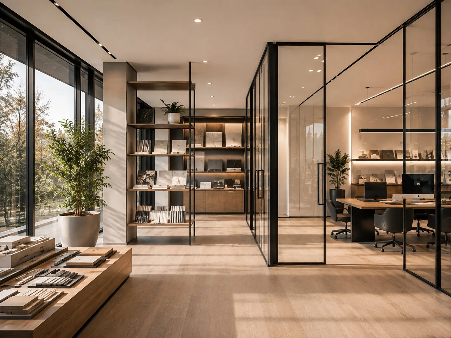 Beispielhafte Visualisierung eines gepflegten Showroom- und Büroprojekts